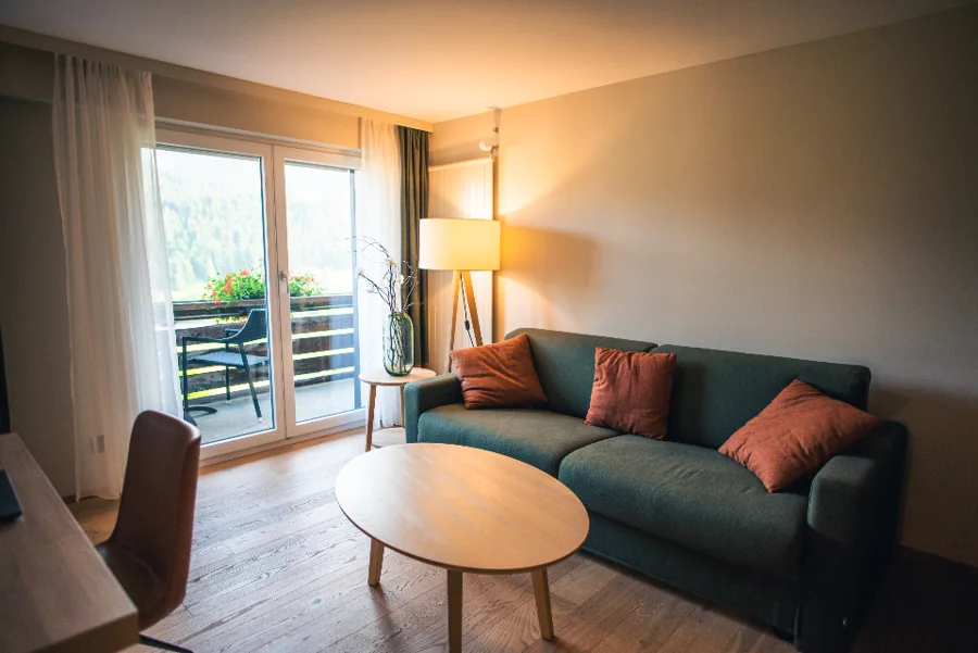 A tidy living room with a sofa and balcony doors